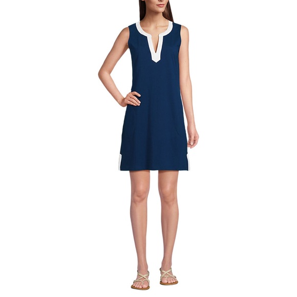 Blue embroidered Lands' End Women's Cotton Jersey Sleeveless Swim Cover-up Dress - Picture 4 of 4